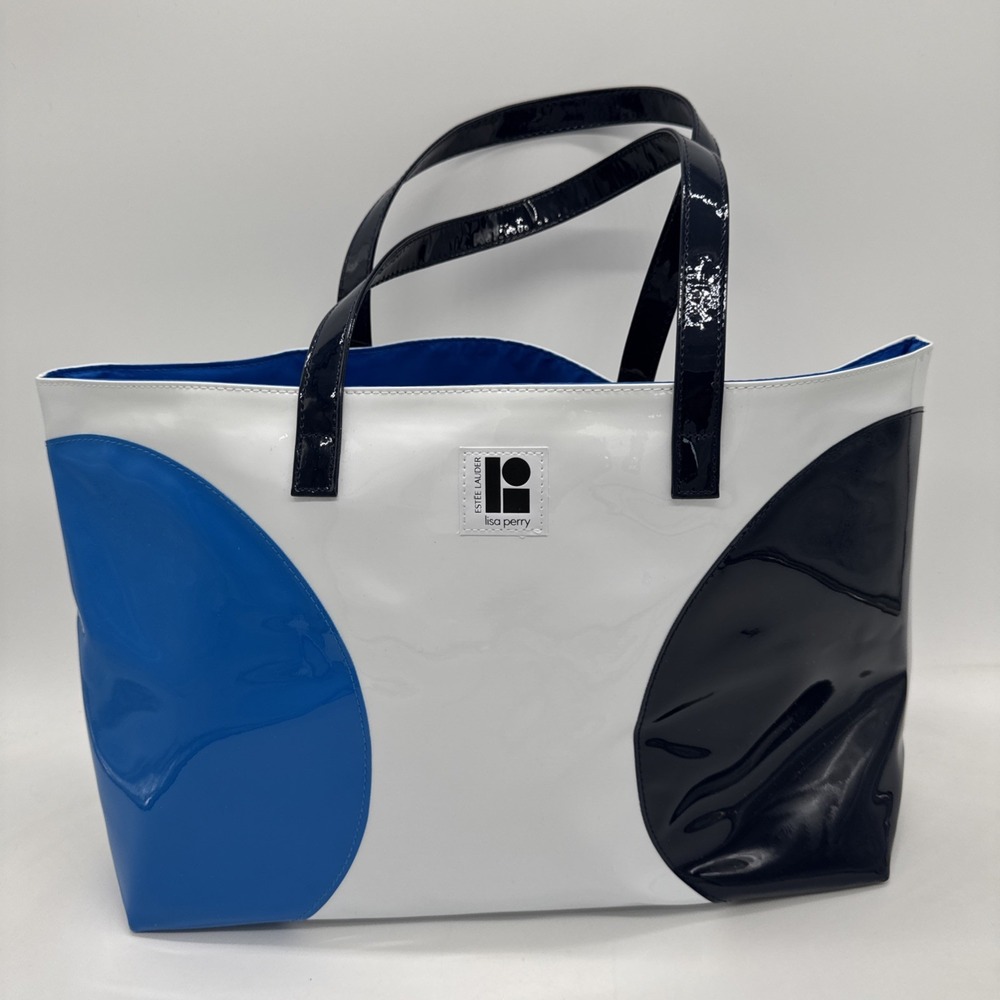 ESTEE LAUDER Lisa Perry Sleek Blue White Pvc Tote Bag